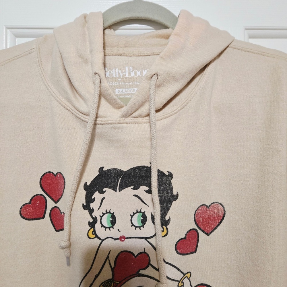 Betty Boop Graphic Hoodie Sweatshirt Beige XLarge Hearts Licensed - Picture 3 of 10